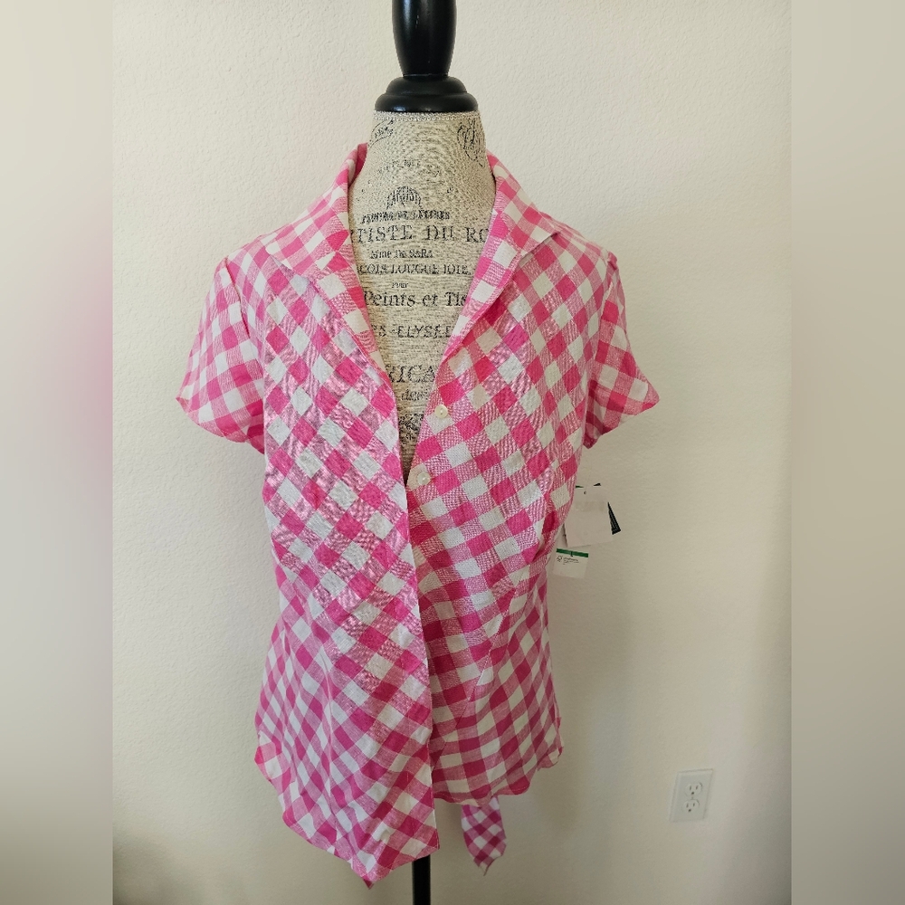 Jones New York Signature Pink Gingham Linen Blouse Size Large New With Tags - Picture 5 of 7